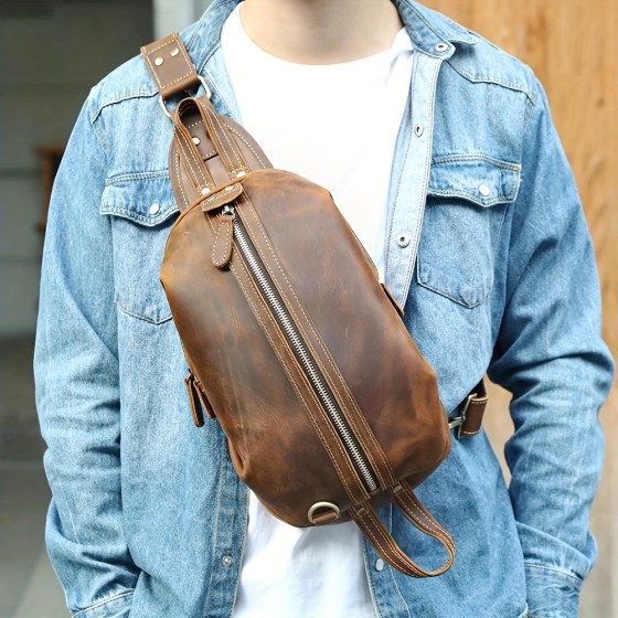 Men's leather chest bag - retro style crossbody shoulder bag with multiple zippers, suitable for daily commuting, casual wear, and travel
