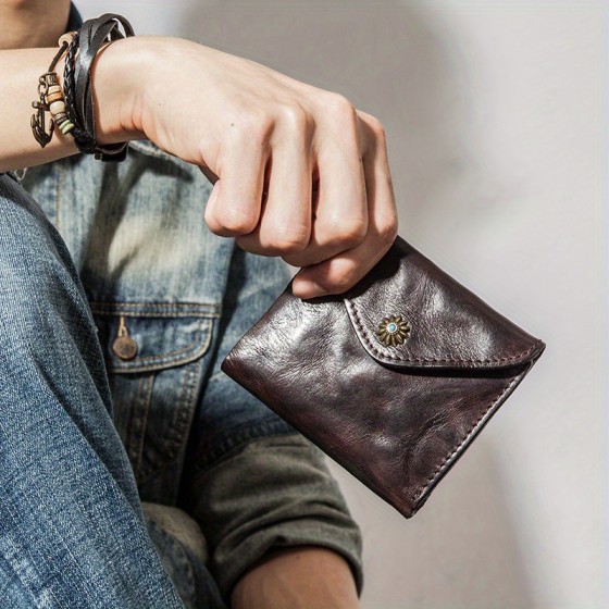 Viking Wallet Men's Full Leather Small Wallet Short Folding Soft Leather Retro Handmade