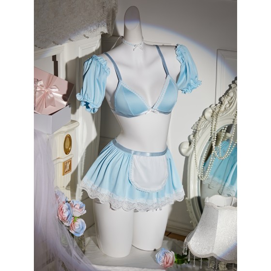 Women's sexy uniform sleeveless underwear short skirt thong four piece set