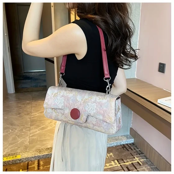 Ladies' magnetic buckle chin bag with Persian thread - fashionable embroidery details, white, fashionable daily accessories