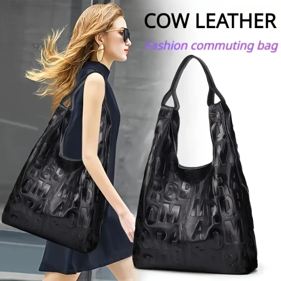 Elegant embossed letter women's shoulder bag - large capacity durable cowhide, high-quality black handbag