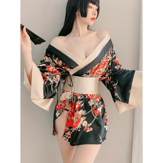 Floral Print Sexy Lingerie Kimono Cosplay Costume with Robe, Bow-Decorated Belt, and Thong for Women